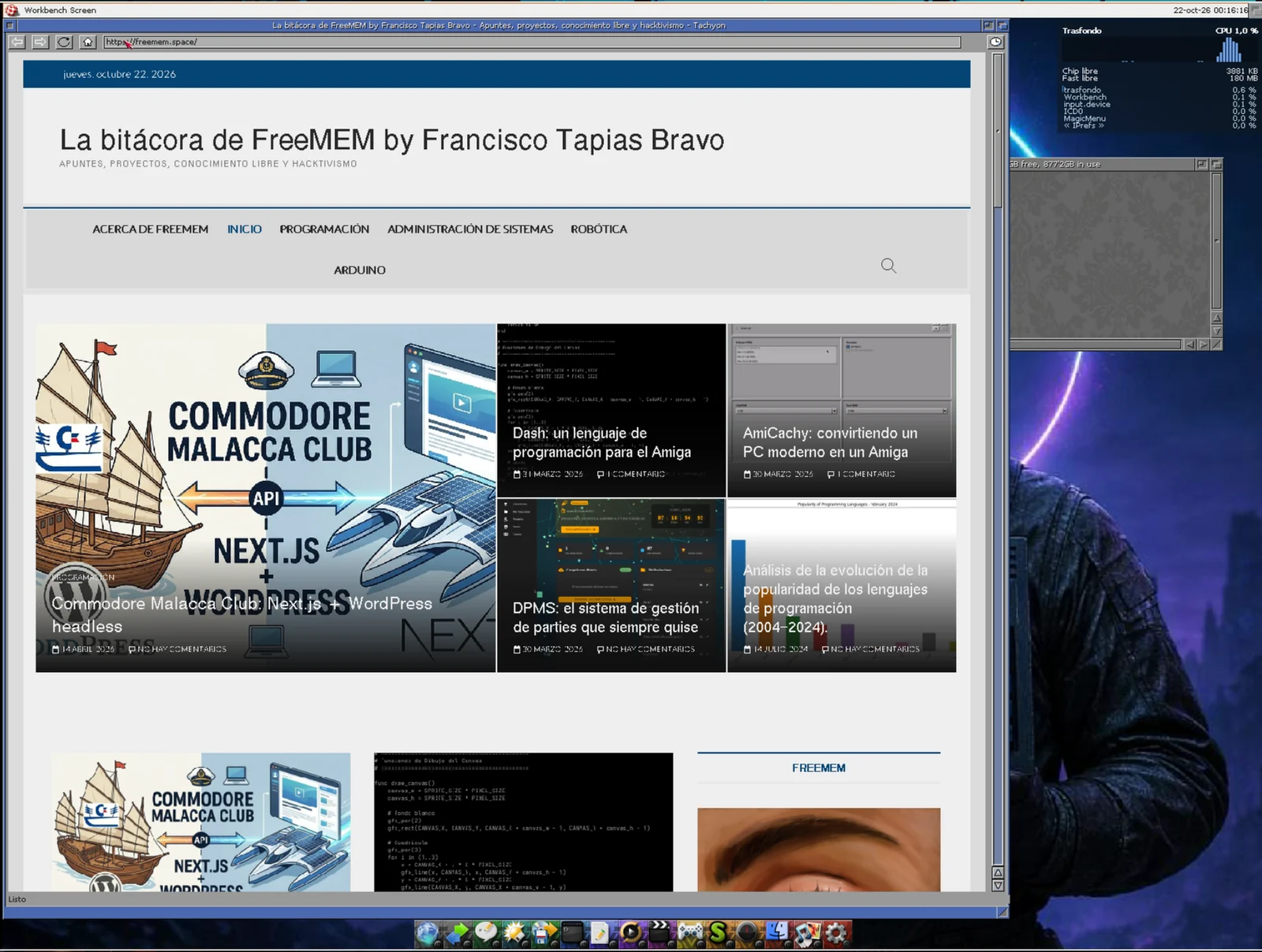 Tachyon mostrando freemem.space en el Workbench de Coffin, con Trasfondo en la esquina
